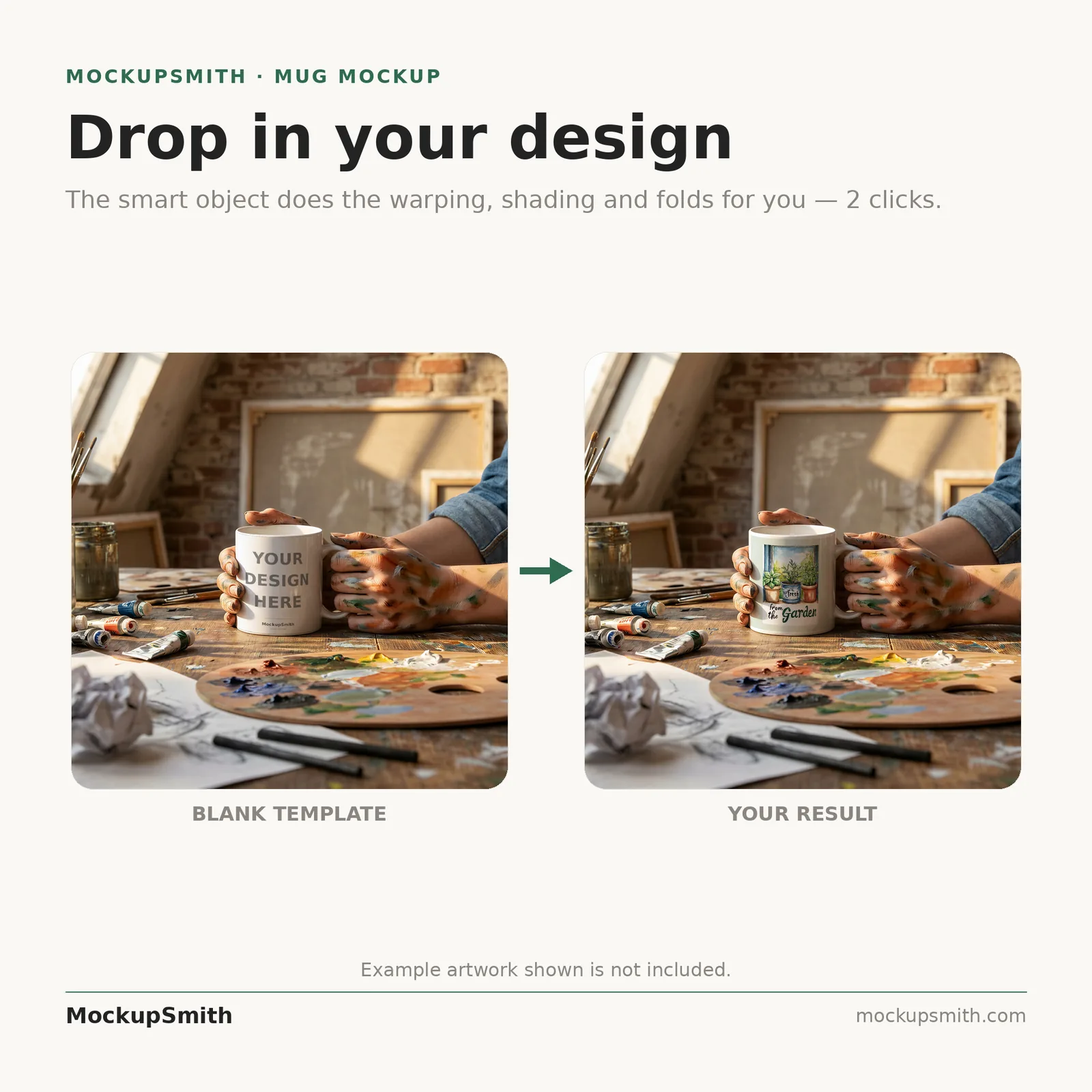 Mug Mockup Artist's studio | Lifestyle Held PSD Smart Object Template 11oz | Coffee Mug Mock Up Instant Download