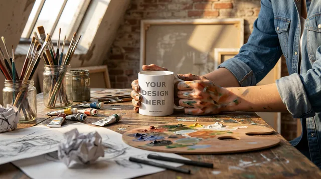 Mug Mockup Artist's studio | Lifestyle Held PSD Smart Object Template 11oz | Coffee Mug Mock Up Instant Download