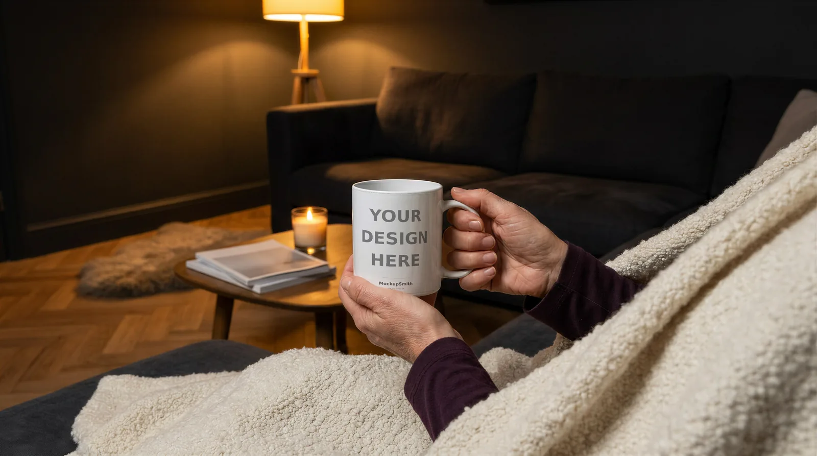 Mug Mockup Blanket-wrapped sofa | Lifestyle Held PSD Smart Object Template 11oz | Coffee Mug Mock Up Instant Download
