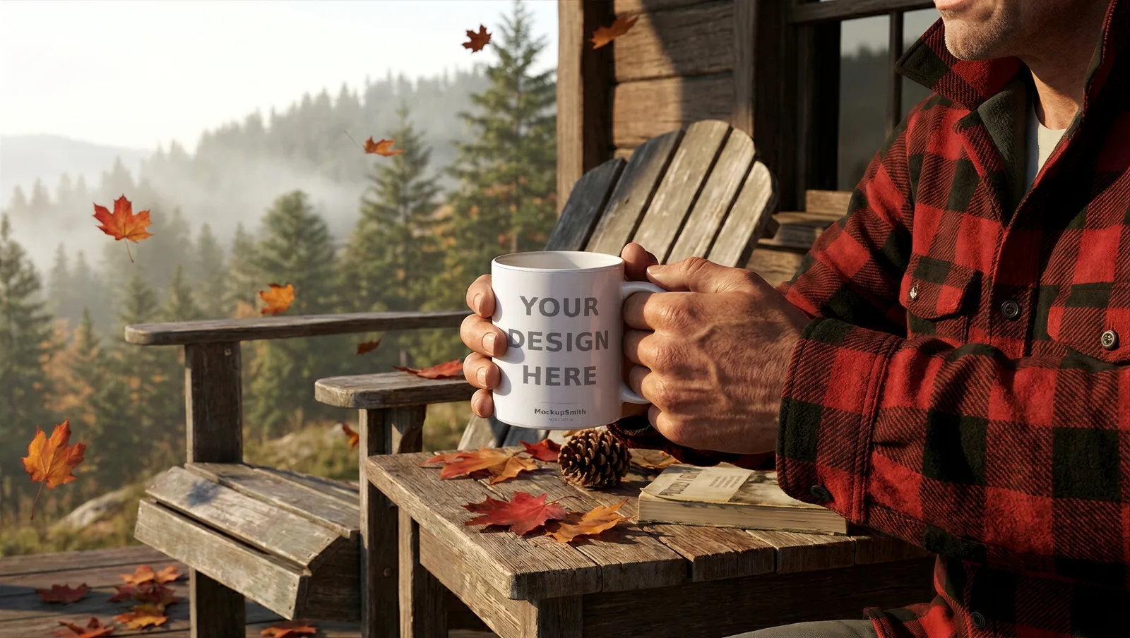 Mug Mockup Autumn cabin porch | Lifestyle Held PSD Smart Object Template 11oz | Coffee Mug Mock Up Instant Download