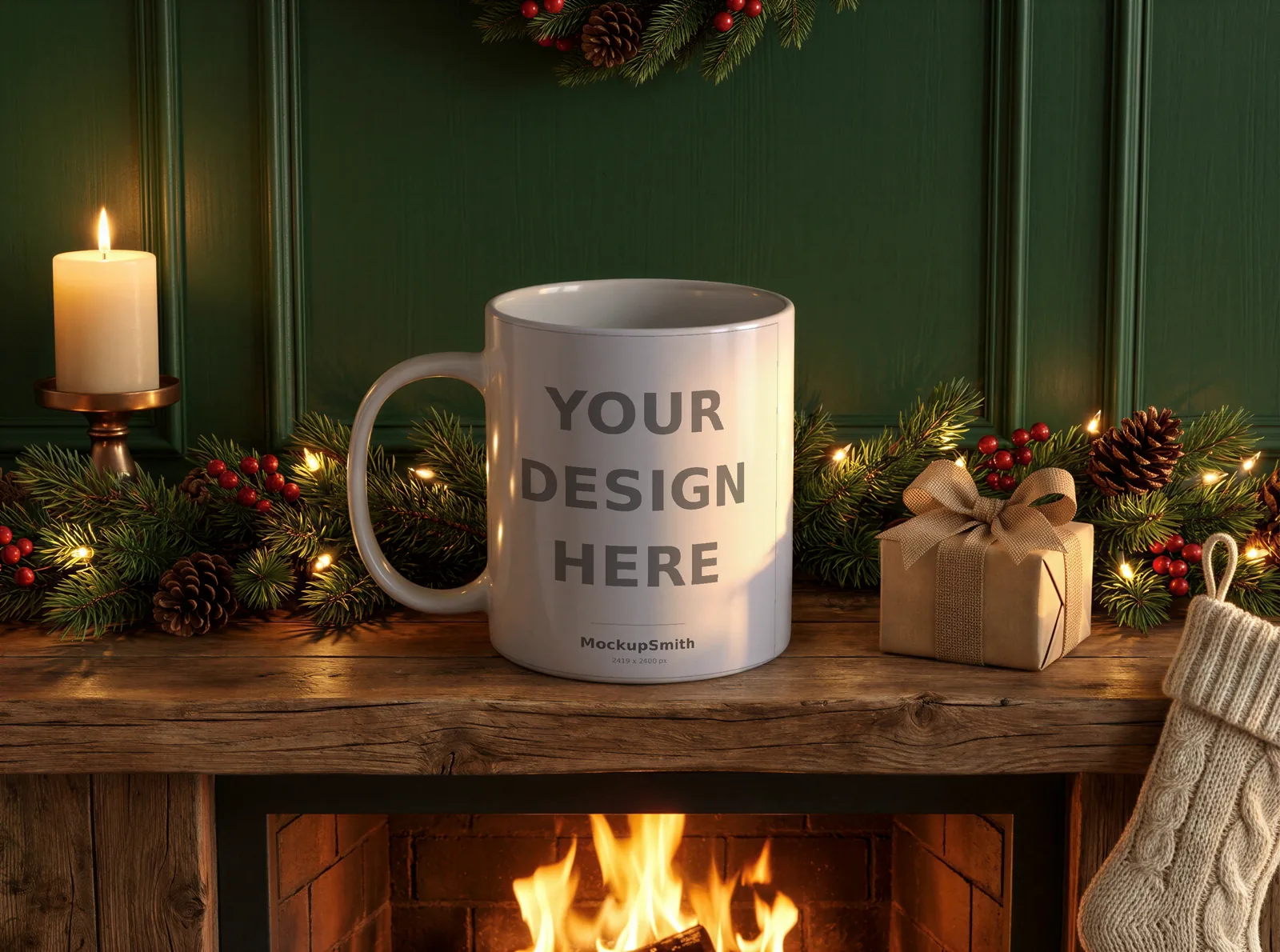 Christmas Mug Mockup | Cozy Hearth Mantel PSD Smart Object Template 11oz | Holiday Coffee Mug Mock Up Instant Download