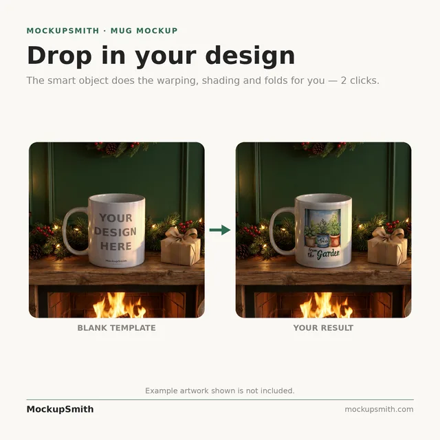 Christmas Mug Mockup | Cozy Hearth Mantel PSD Smart Object Template 11oz | Holiday Coffee Mug Mock Up Instant Download thumbnail 3
