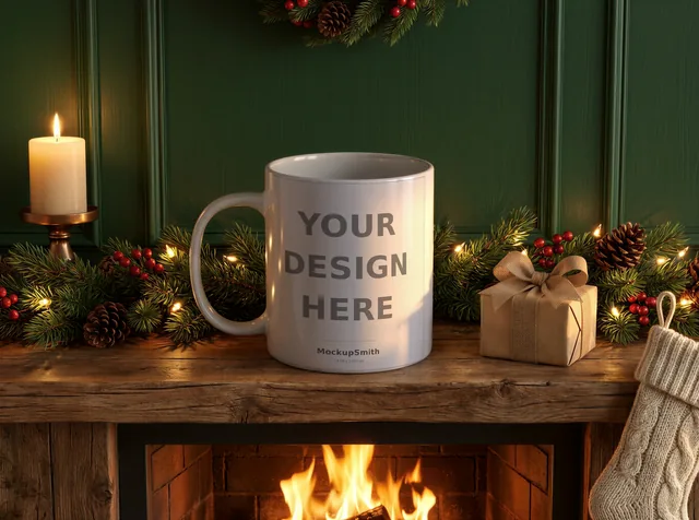 Christmas Mug Mockup | Cozy Hearth Mantel PSD Smart Object Template 11oz | Holiday Coffee Mug Mock Up Instant Download