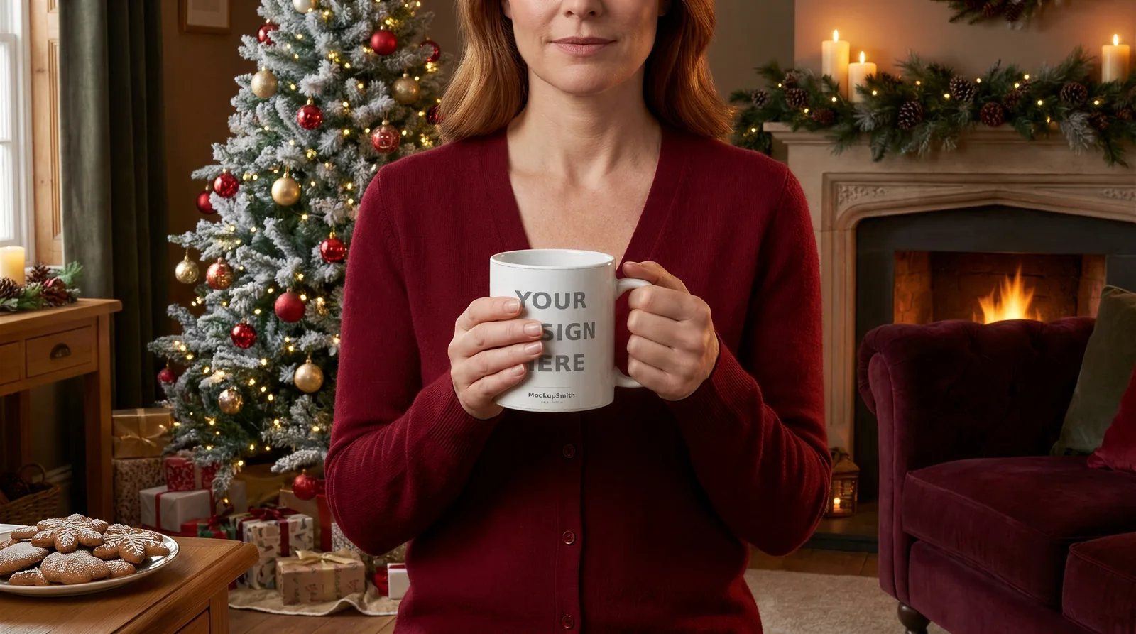 Mug Mockup By the Christmas tree | Lifestyle Held PSD Smart Object Template 11oz | Coffee Mug Mock Up Instant Download