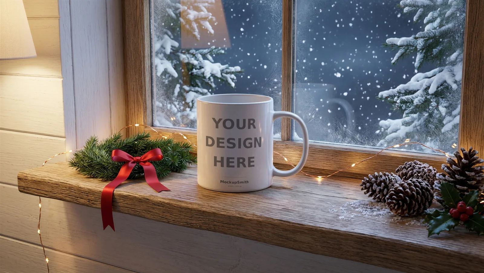 Winter Mug Mockup | Snowy Kitchen Windowsill PSD Smart Object Template 11oz | Christmas Coffee Mug Mock Up Instant Download