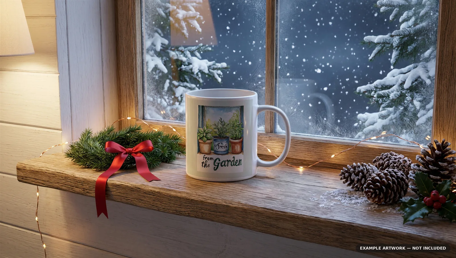 Winter Mug Mockup | Snowy Kitchen Windowsill PSD Smart Object Template 11oz | Christmas Coffee Mug Mock Up Instant Download