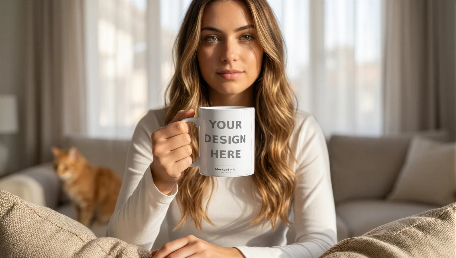 Mug Mockup Cozy living room | Lifestyle Held PSD Smart Object Template 11oz | Coffee Mug Mock Up Instant Download