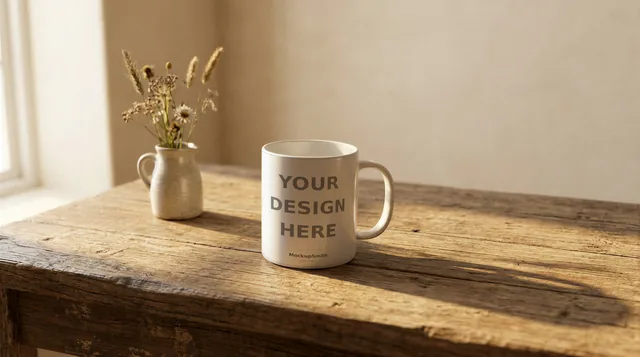 Farmhouse Mug Mockup | Rustic Kitchen Table PSD Smart Object Template 11oz | Country Coffee Mug Mock Up Instant Download thumbnail 1