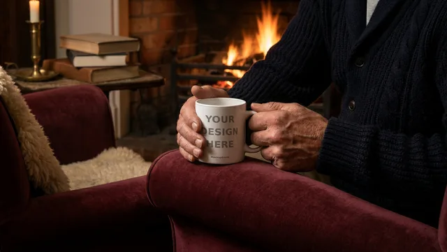 Mug Mockup Fireside armchair | Lifestyle Held PSD Smart Object Template 11oz | Coffee Mug Mock Up Instant Download