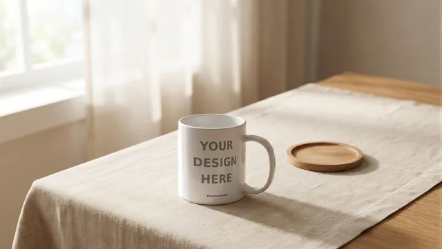 Mug Mockup Linen breakfast table | PSD Smart Object Template 11oz | Coffee Mug Mock Up Instant Download thumbnail 1