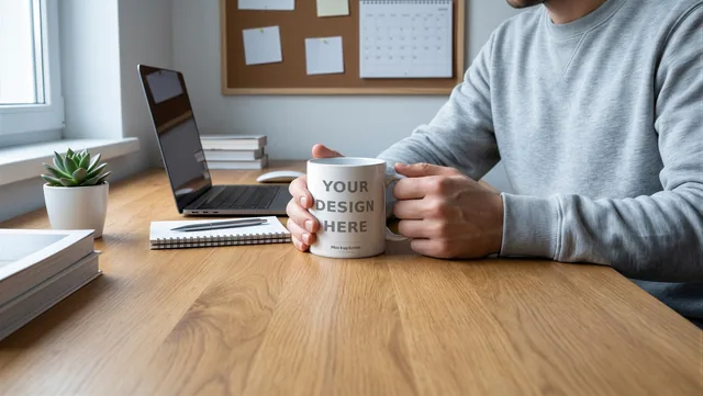 Mug Mockup Desk coffee break | Lifestyle Held PSD Smart Object Template 11oz | Coffee Mug Mock Up Instant Download thumbnail 1