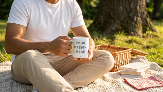 Mug Mockup Park picnic blanket | Lifestyle Held PSD Smart Object Template 11oz | Coffee Mug Mock Up Instant Download thumbnail 1