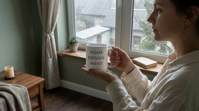 Mug Mockup Rain-washed window | Lifestyle Held PSD Smart Object Template 11oz | Coffee Mug Mock Up Instant Download