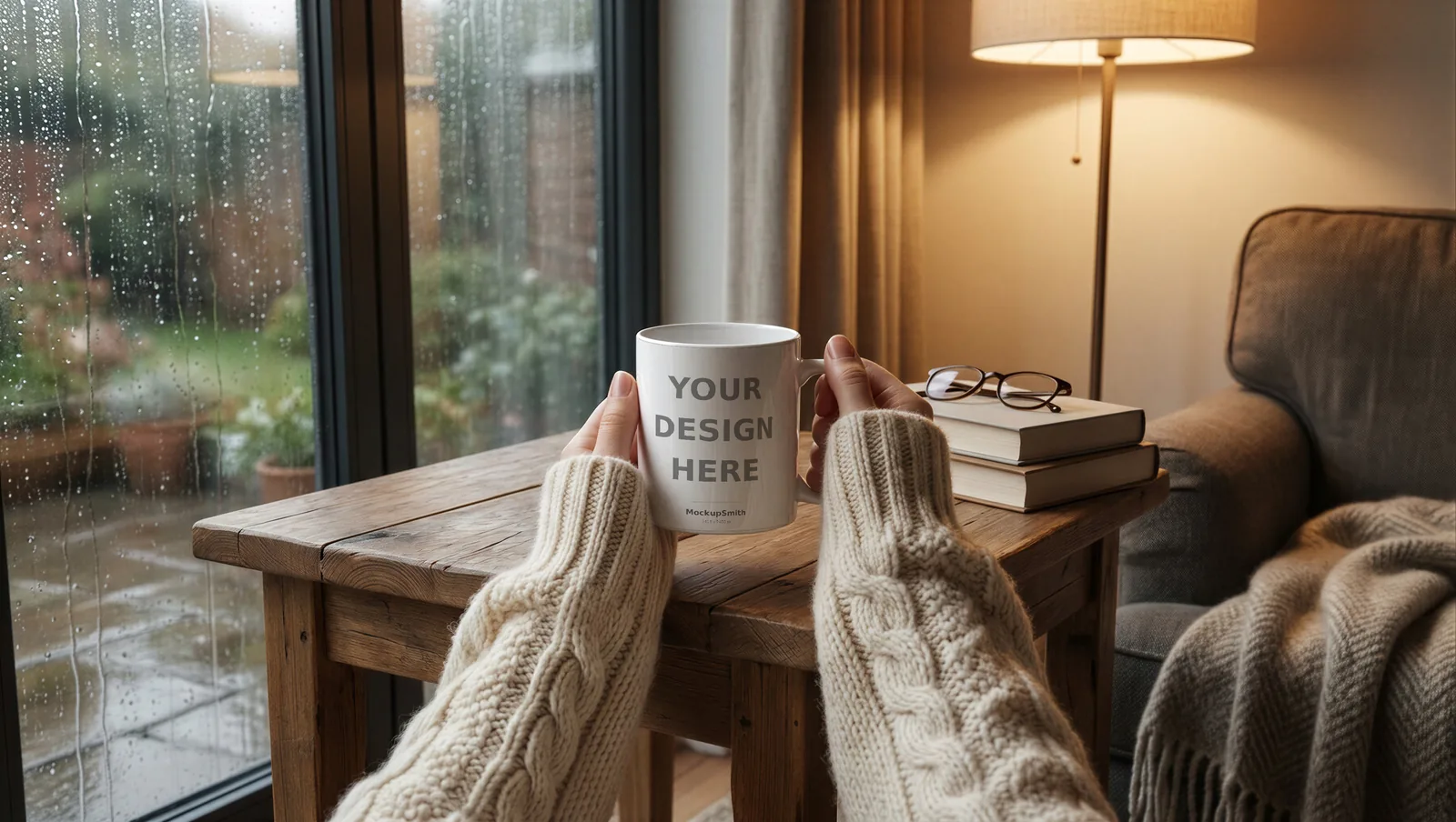 Hand Holding Mug Mockup | Cozy Reading Nook PSD Smart Object Template 11oz | Lifestyle Coffee Mug Mock Up Instant Download