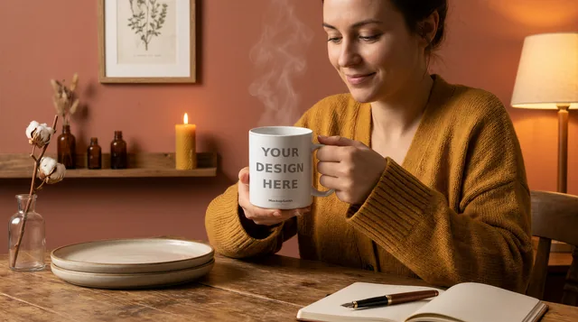 Cozy Mug Mockup | Steaming Mug Held Close PSD Smart Object Template 11oz | Hygge Coffee Mug Mock Up Instant Download