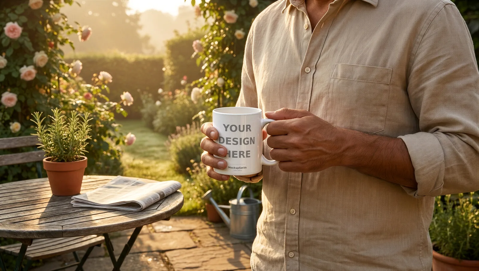 Mug in Hand Mockup | Garden Terrace Morning PSD Smart Object Template 11oz | Man Holding Coffee Mug Mock Up Instant Download