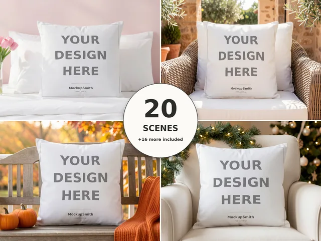 Throw Pillow Mockup Bundle | 20 Lifestyle PSD Smart Object Templates + Canva PNG | Square Pillow Mock Up for POD Sellers Instant Download thumbnail 1