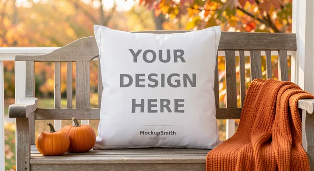 Fall Pillow Mockup | Autumn Porch Pumpkins PSD Smart Object Template + Canva PNG | Square Throw Pillow Mock Up Instant Download thumbnail 1
