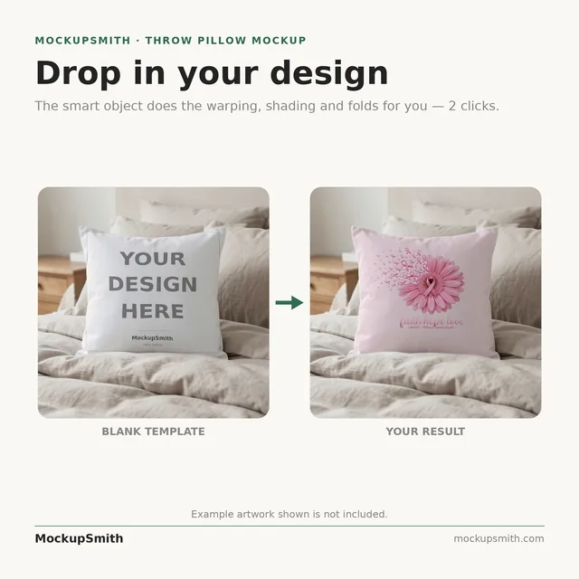 Boho Pillow Mockup | Neutral Linen Bedroom PSD Smart Object Template + Canva PNG | Square Throw Pillow Mock Up Instant Download thumbnail 3