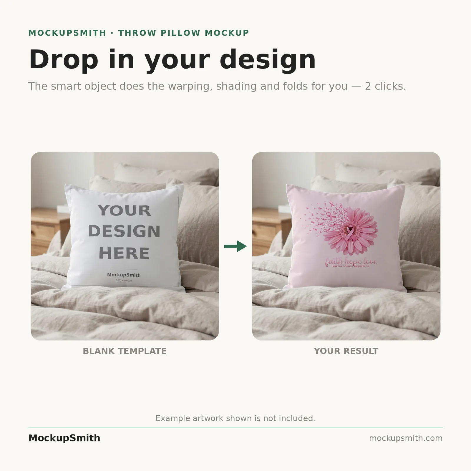 Boho Pillow Mockup | Neutral Linen Bedroom PSD Smart Object Template + Canva PNG | Square Throw Pillow Mock Up Instant Download