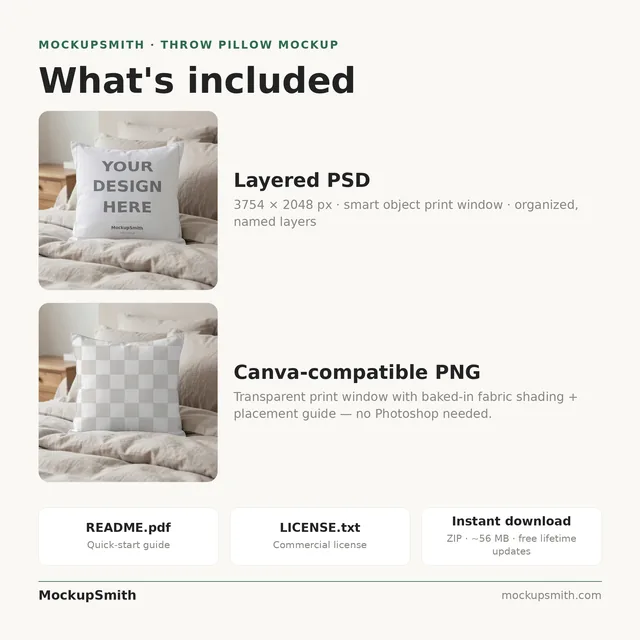 Boho Pillow Mockup | Neutral Linen Bedroom PSD Smart Object Template + Canva PNG | Square Throw Pillow Mock Up Instant Download thumbnail 4