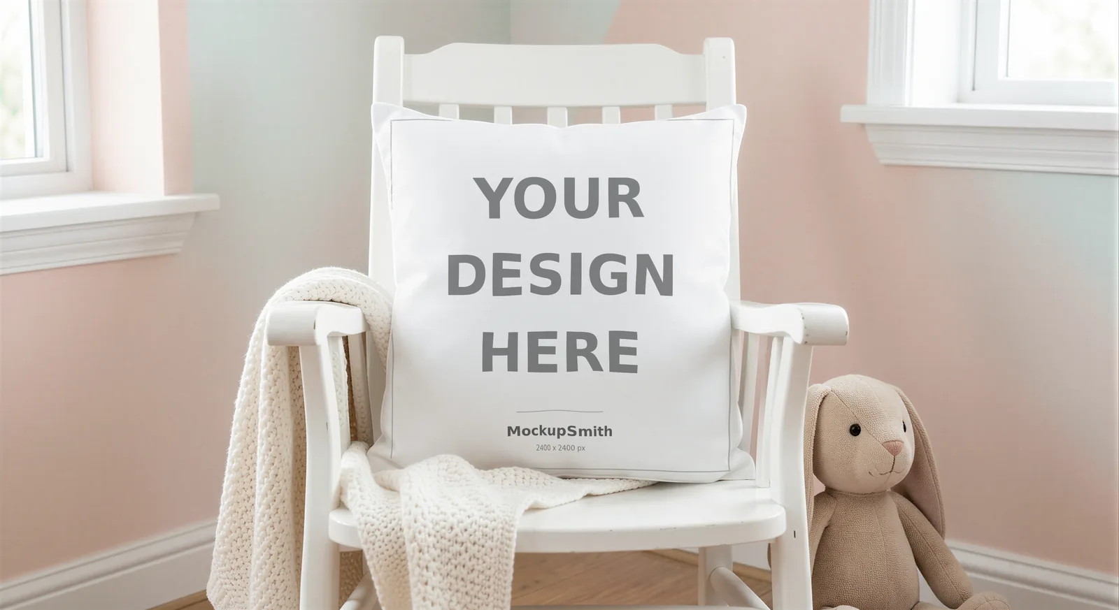Nursery Pillow Mockup | White Rocking Chair PSD Smart Object Template + Canva PNG | Baby Room Throw Pillow Mock Up Instant Download