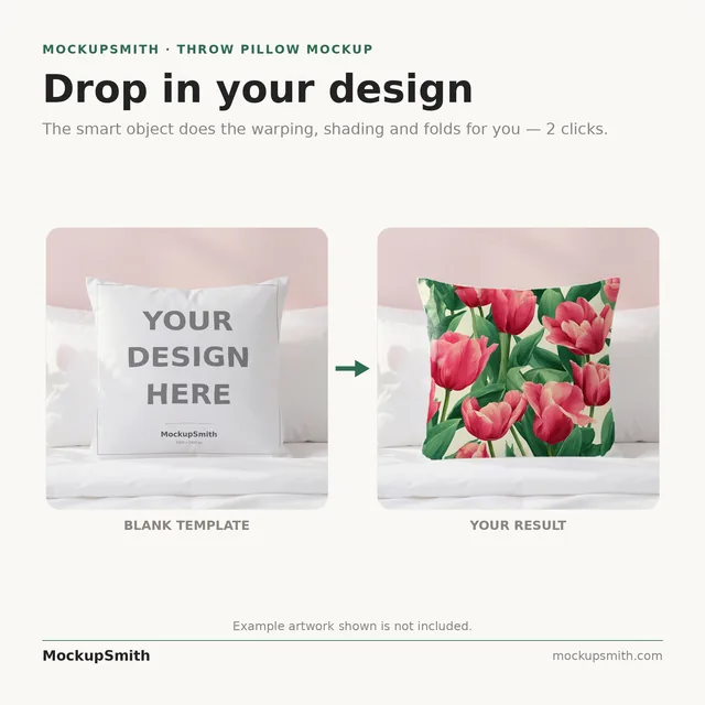Spring Pillow Mockup | Tulip Bedroom PSD Smart Object Template + Canva PNG | Square Throw Pillow Mock Up Instant Download thumbnail 3