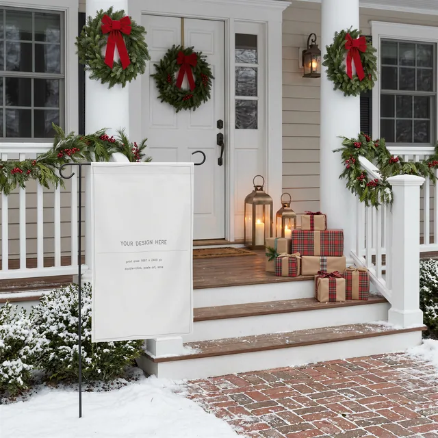 Christmas Garden Flag Mockup | Holiday Porch PSD Smart Object Template | Winter Yard Flag Mock Up Instant Digital Download thumbnail 1