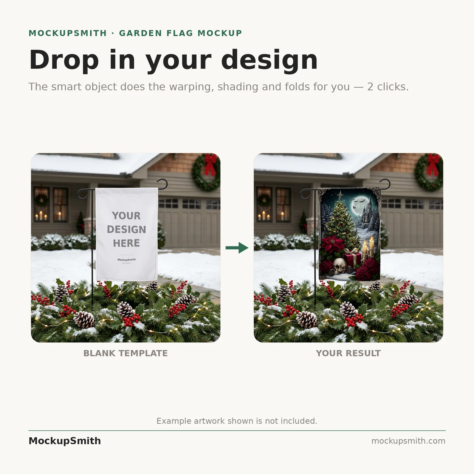 Holiday Garden Flag Mockup | Snowy Evergreen Garden Bed PSD Smart Object Template | Christmas Yard Flag Mock Up Instant Download