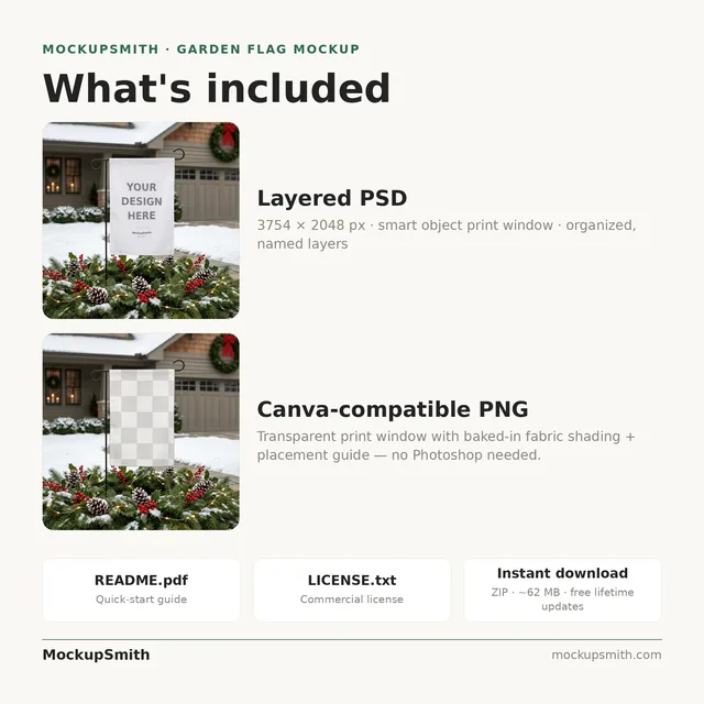 Holiday Garden Flag Mockup | Snowy Evergreen Garden Bed PSD Smart Object Template | Christmas Yard Flag Mock Up Instant Download thumbnail 4