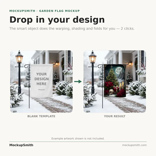 Winter Garden Flag Mockup | Snowy Path Lamppost PSD Smart Object Template | Christmas Yard Flag Mock Up Instant Digital Download thumbnail 3