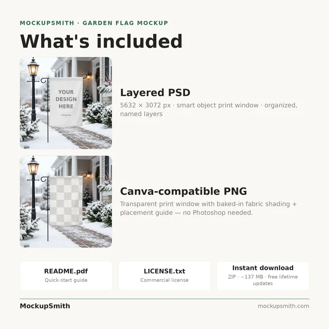 Winter Garden Flag Mockup | Snowy Path Lamppost PSD Smart Object Template | Christmas Yard Flag Mock Up Instant Digital Download thumbnail 4