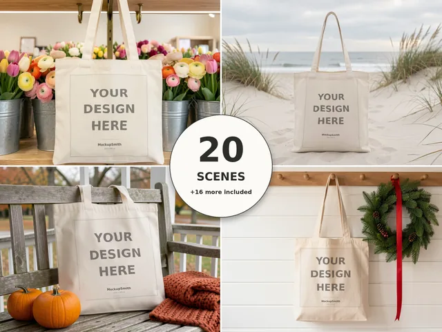 Tote Bag Mockup Bundle | 20 Lifestyle PSD Smart Object Templates + Canva PNG | Canvas Tote Mock Up for POD Sellers Instant Download thumbnail 1