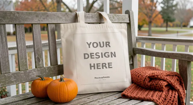 Fall Tote Bag Mockup | Autumn Porch Pumpkins PSD Smart Object Template + Canva PNG | Cozy Canvas Tote Mock Up Instant Download thumbnail 1