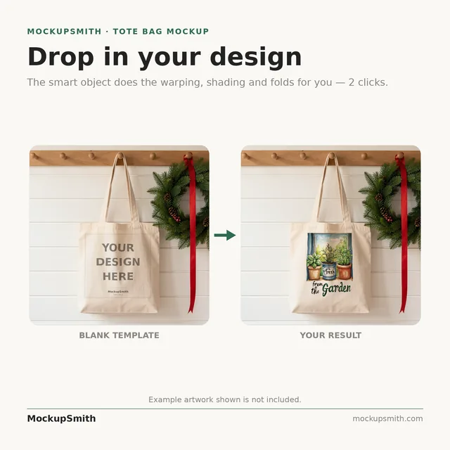 Christmas Tote Bag Mockup | Holiday Wreath PSD Smart Object Template + Canva PNG | Winter Canvas Tote Mock Up Instant Download thumbnail 3