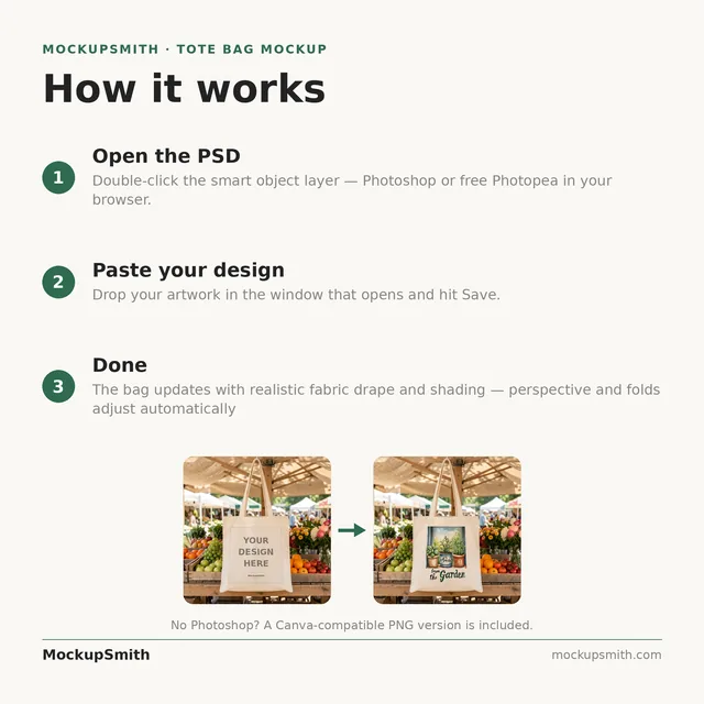 Farmers Market Tote Bag Mockup | Canvas PSD Smart Object Template + Canva PNG | Grocery Tote Mock Up Instant Digital Download thumbnail 6