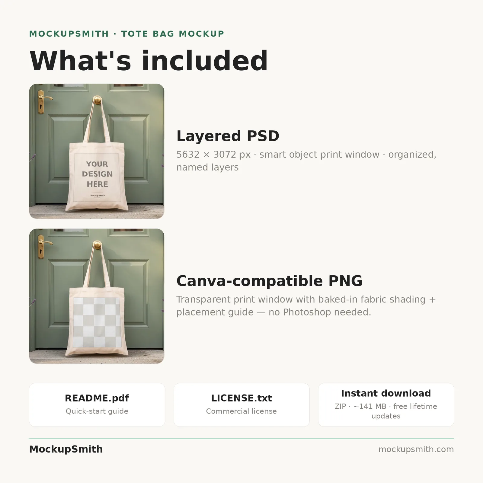 Canvas Tote Bag Mockup | Cottage Front Door PSD Smart Object Template + Canva PNG | Natural Tote Mock Up Instant Digital Download