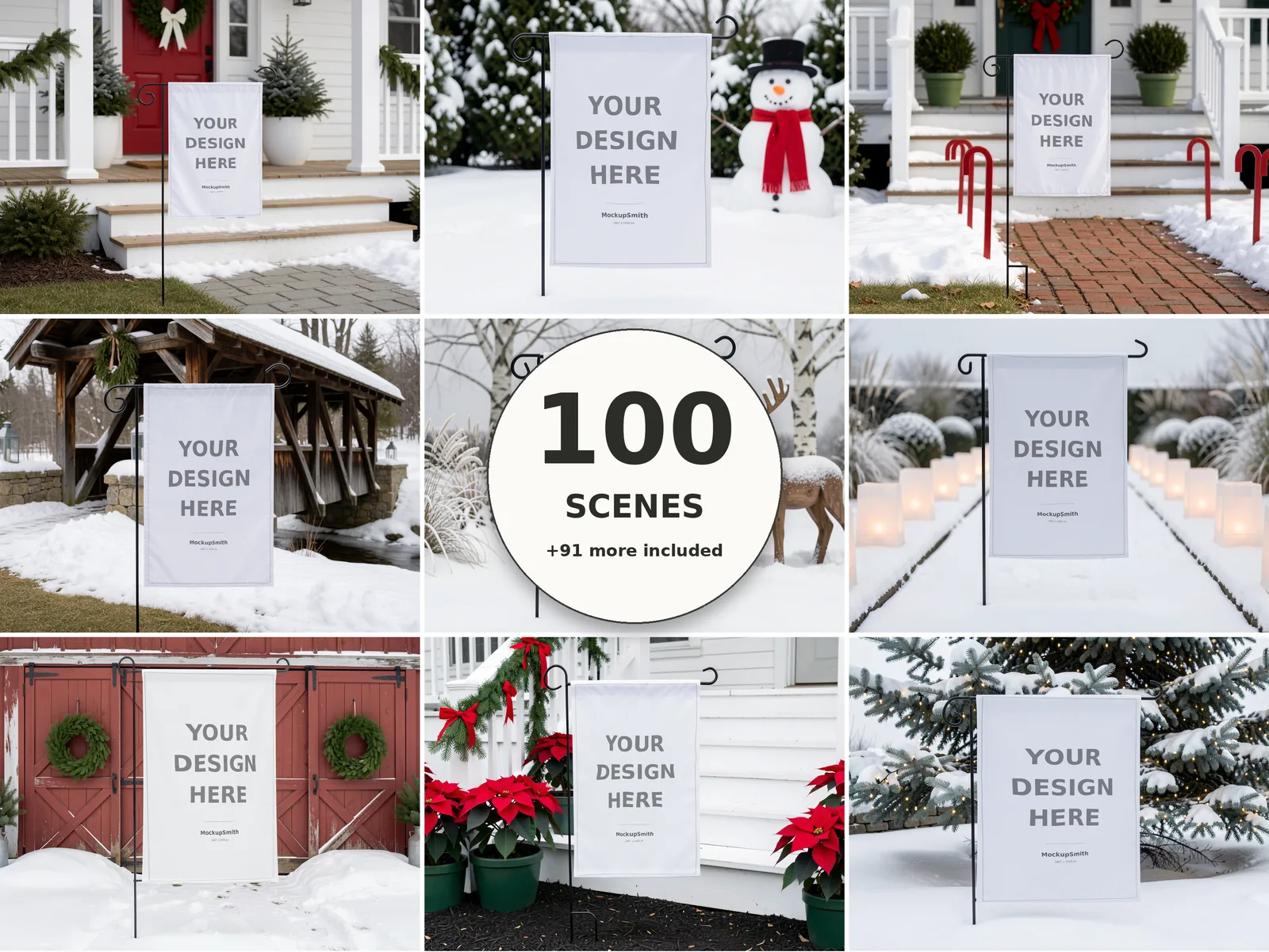 Christmas Garden Flag Mockup Bundle | 100 PSD Smart Object Templates 12.5x18 + Canva PNG | Holiday Winter Yard Flag Mock Ups for POD