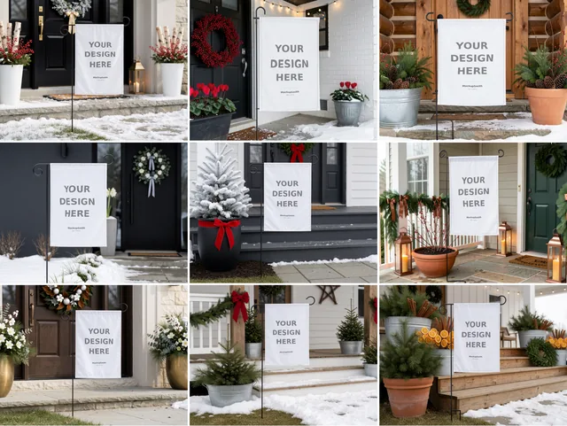 Christmas Garden Flag Mockup Bundle | 100 PSD Smart Object Templates 12.5x18 + Canva PNG | Holiday Winter Yard Flag Mock Ups for POD thumbnail 2