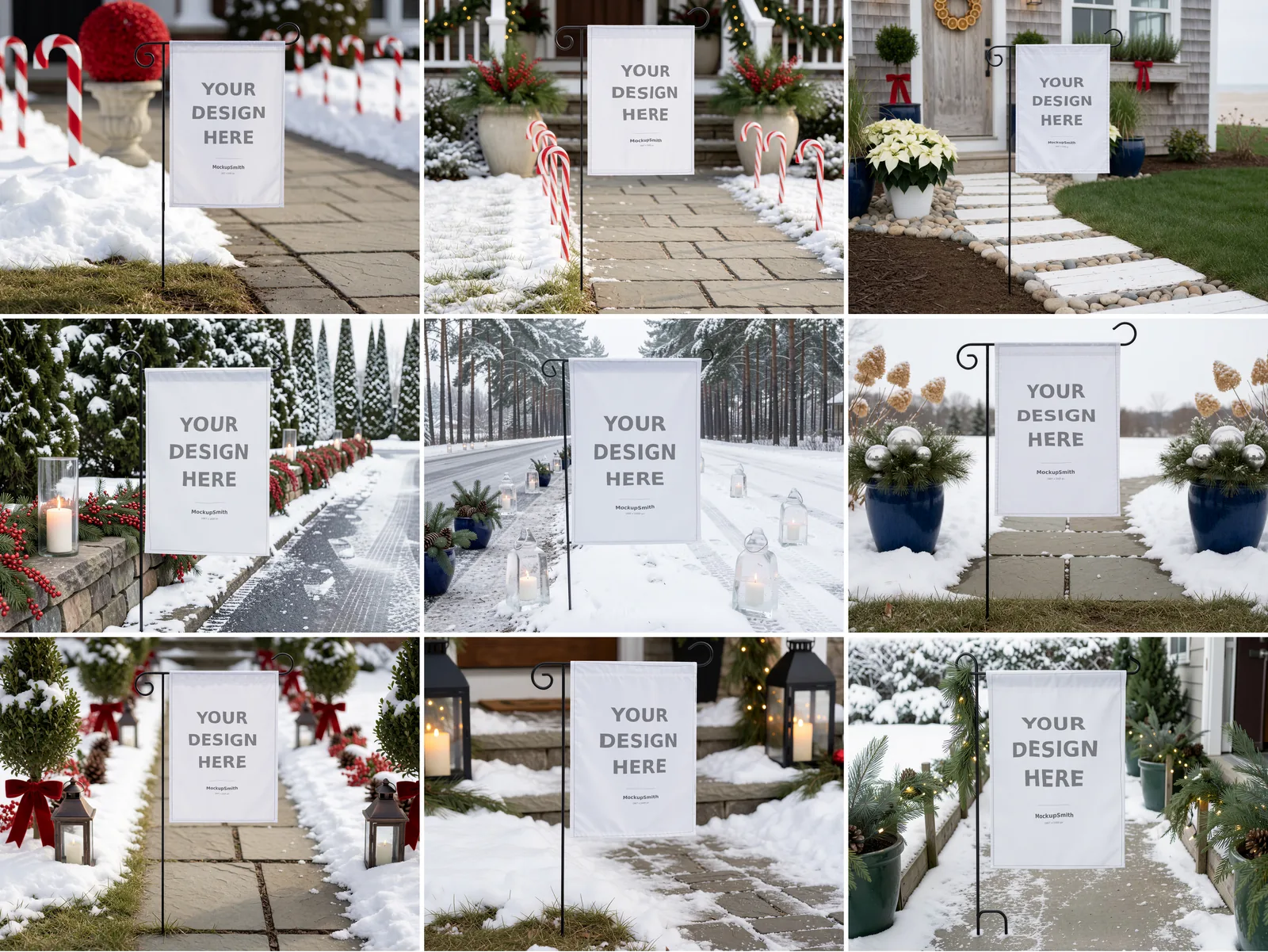 Christmas Garden Flag Mockup Bundle | 100 PSD Smart Object Templates 12.5x18 + Canva PNG | Holiday Winter Yard Flag Mock Ups for POD