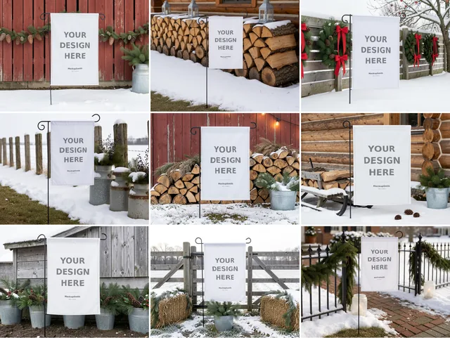 Christmas Garden Flag Mockup Bundle | 100 PSD Smart Object Templates 12.5x18 + Canva PNG | Holiday Winter Yard Flag Mock Ups for POD thumbnail 4