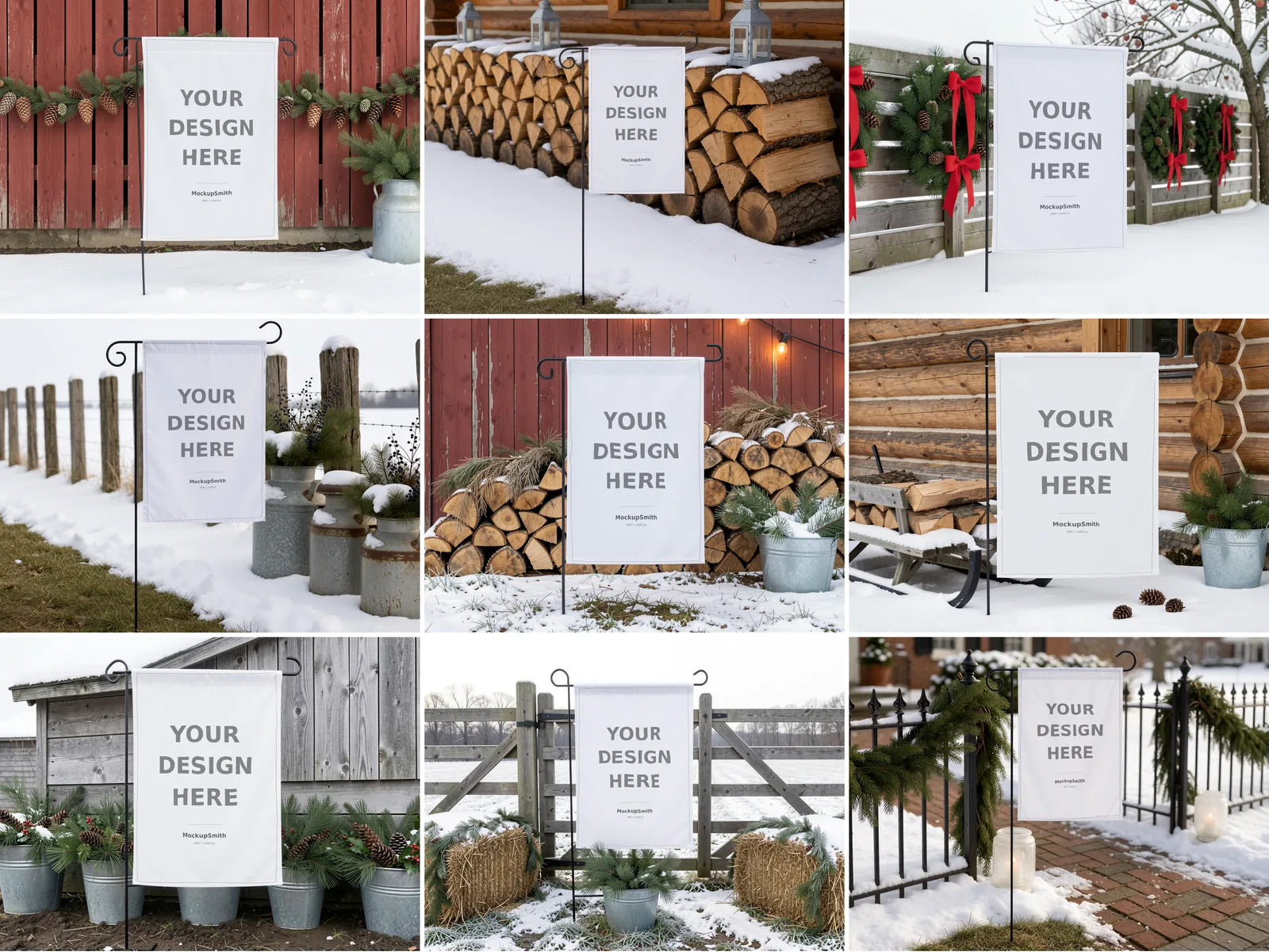 Christmas Garden Flag Mockup Bundle | 100 PSD Smart Object Templates 12.5x18 + Canva PNG | Holiday Winter Yard Flag Mock Ups for POD