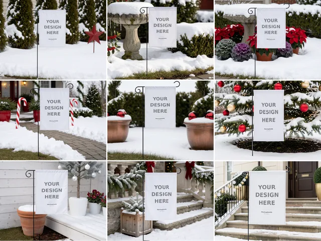 Christmas Garden Flag Mockup Bundle | 100 PSD Smart Object Templates 12.5x18 + Canva PNG | Holiday Winter Yard Flag Mock Ups for POD thumbnail 5