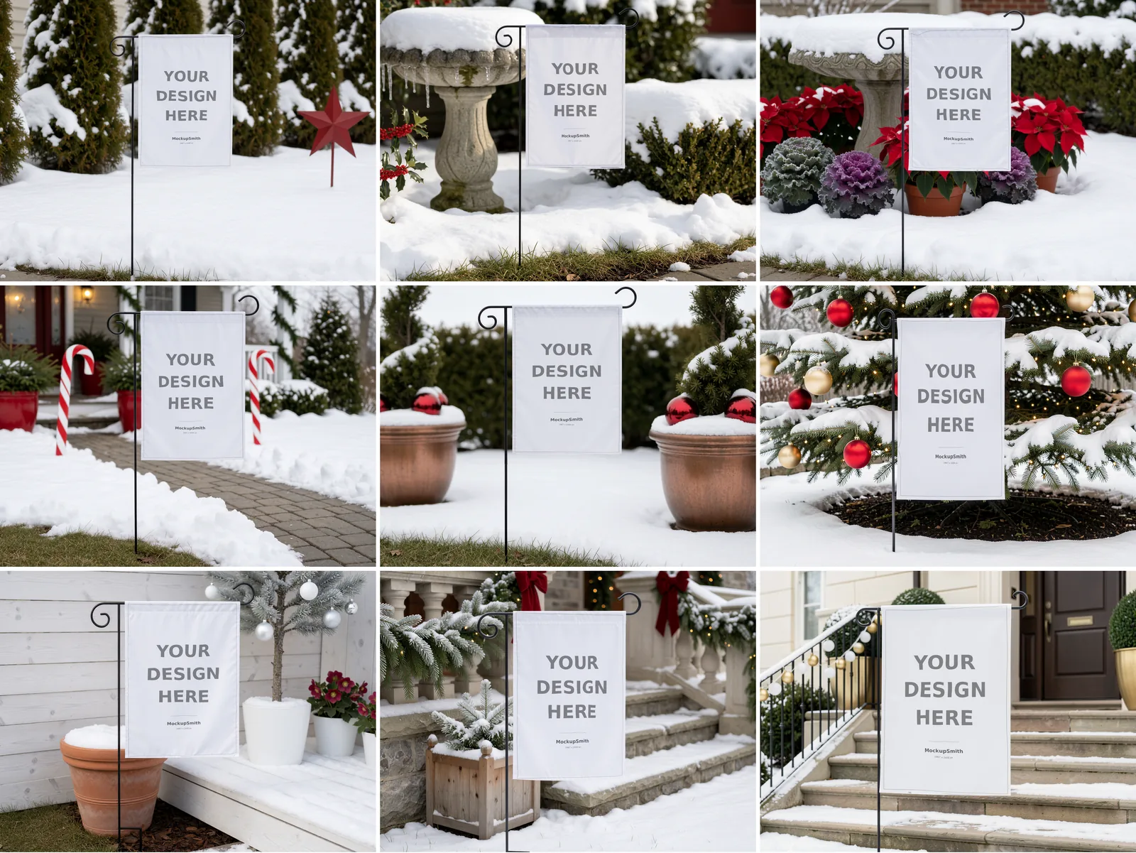 Christmas Garden Flag Mockup Bundle | 100 PSD Smart Object Templates 12.5x18 + Canva PNG | Holiday Winter Yard Flag Mock Ups for POD