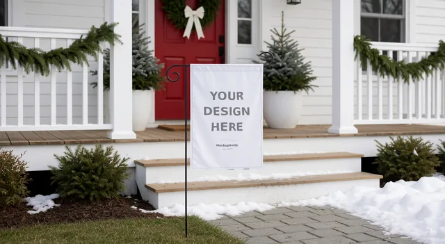 Christmas Garden Flag Mockup Bundle | 100 PSD Smart Object Templates 12.5x18 + Canva PNG | Holiday Winter Yard Flag Mock Ups for POD thumbnail 8